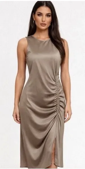 House of Harlow 1960 Womens Taupe‎ Ruched Side Satin Midi Dress XL Sleeveless thumbnail 1