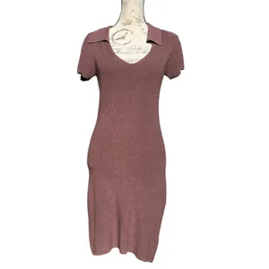 Freshman NWT 55O Knit‎ Collared V Neck Short Sleeve Bodycon Midi Dress Brown L thumbnail 2