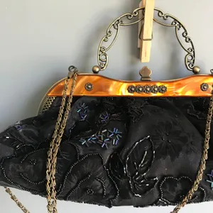 Vintage Black Floral Beaded Chain Crossbody Purse thumbnail 5