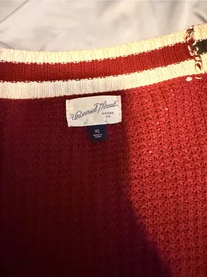 Universal Thread Burgundy Waffle-Knit Crewneck Sweater with Cream Stripe thumbnail 2