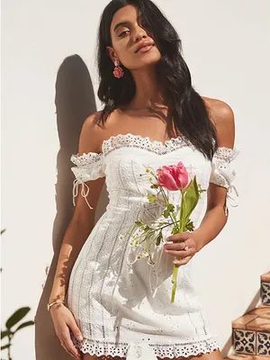For Love & Lemons Anabelle White Eyelet Lace Up Puff Sleeve Mini Dress Size M thumbnail 11
