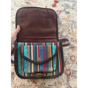 Southwestern‎ Woven Textile Crossbody Saddle Bag Brown Leather Trim Multicolor thumbnail 3