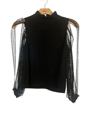 Women’s Black Knit Top with Open Mesh Sleeves thumbnail 1