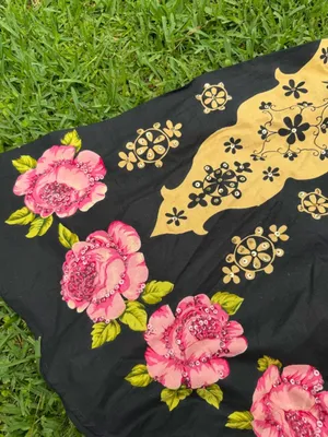 Vintage Temptation Floral Midi Skirt Black Pink Roses Sequin Detail Boho Small thumbnail 3