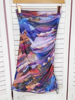 Y2k Mint Vanilla Printed Mesh Cinch Side Strapless Bodycon Mini Dress‎ Blue 8 thumbnail 8