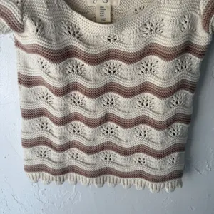 Jessica Simpson Knit Top Striped Cropped Cream Brown M Romantic Cottage Coquette thumbnail 4