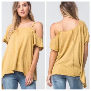 Free People Coraline Cold Shoulder Tee Shirt in Gold Oversized XS‎ thumbnail 2
