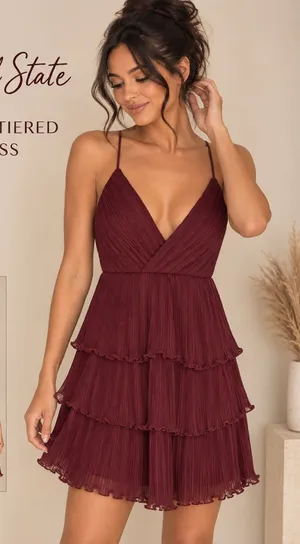 NWT Altar’d State Burgundy Pleated Tiered Mini Dress Size S thumbnail 1