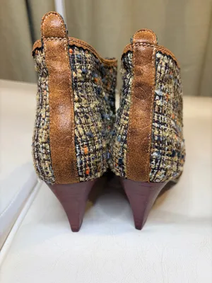 Irregular Choice Brown Suede Tassel Ankle Booties with Tweed Panels thumbnail 4