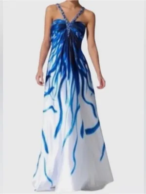 Cache Y2K Rhinestone Halter Blue Abstract Maxi Homecoming/ Prom Dress Size 10 thumbnail 2