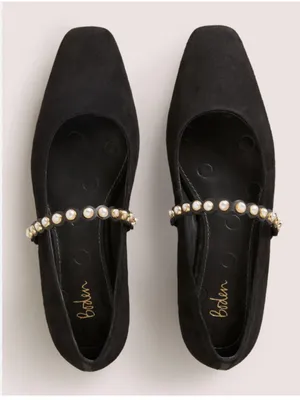 Boden Black Mary Jane Ballet Flats Pearl Strap Suede Size 37 Academia Office thumbnail 1