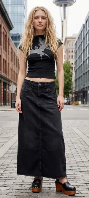 Free People Bohemian Grunge Come As You Are Denim Maxi Skirt Washed Black 12 thumbnail 1