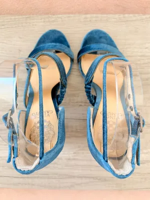 Vince Camuto Robeka Blue Velvet Fabric Strappy Buckle 4" Chunky Heel Sandal 5.5 thumbnail 4