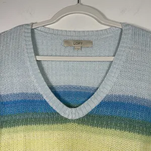 Loft Womens Blue Yellow Striped V-Neck Shaker Knit‎ Cotton Blend Sweater Medium thumbnail 4