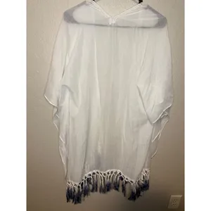White Kimono Cover Up with Blue Ombre Tassels Beach Pool Resort Wear thumbnail 2