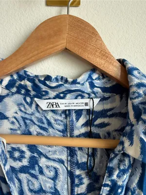 Zara Blue Printed Midi Shirt Dress Button Front Flowy Medium thumbnail 9