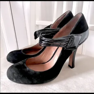 Black Suede Mary Jane Pumps High Heels w/ Snap Closure, sz. 38 (7.5 US)-NWT thumbnail 2
