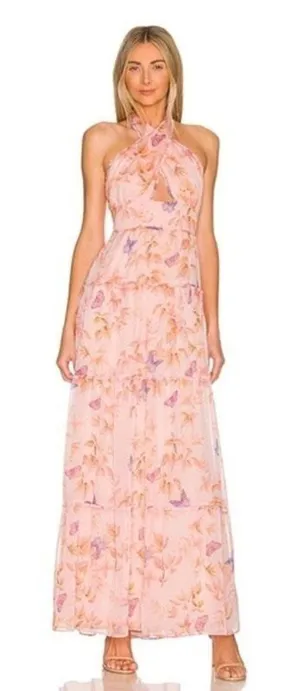 Amanda Uprichard Estella Maxi Dress Pink Tie Back Butterfly Ruffled Gown Size L thumbnail 1