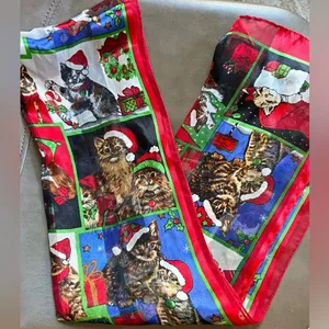 Vintage Christmas Cat Scarf Sheer Red Green Holiday Kitty Print Accessory thumbnail 2