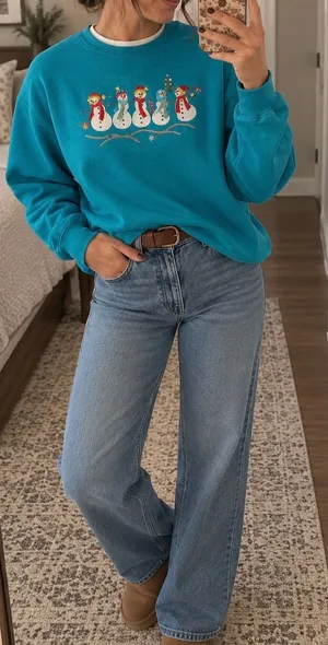 Vintage Snowman Christmas Sweatshirt XL Teal thumbnail 1