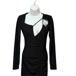 Zara Womens Black Cutout Ruched Long Sleeve Maxi Dress XS Asymmetric Neckline thumbnail 3