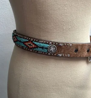 Women’s Ariat hair on cowhide leather, turquoise beaded and rhinestone belt Medi thumbnail 1
