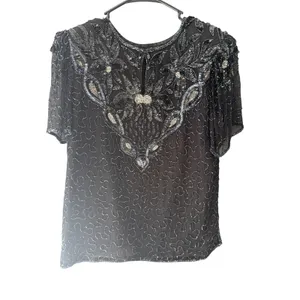 Sweelo Vintage Black Silk Beaded Sequin Floral Evening Top Short‎ Sleeve Medium thumbnail 3
