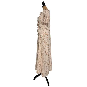 Storia Floral Ruffle‎ Maxi Dress Cream Pink Dobby Puff Sleeve Large NWT thumbnail 4