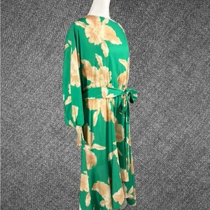 Green Floral Long Sleeve Hi Low Midi Dress With Waist Tie thumbnail 3