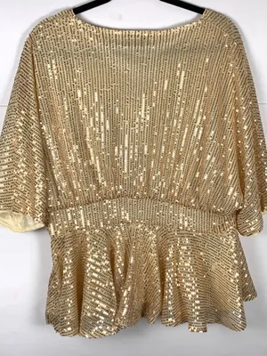 Grace Karin Womens Top 1XL Gold Sequin V Neck Batwing Peplum Party Blouse thumbnail 8