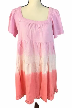 UMGEE Women's Linen Blend Color Block Tiered Mini Dress Sz L Festival Beachy thumbnail 1