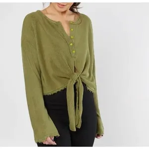 Free people Emma Henley tie green knit top dirty martini size small thumbnail 2