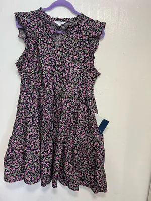 Time and Tru Black Floral Tiered Midi Dress with Pink and Green Print thumbnail 10