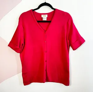 Vintage Talbots Button Up Cardigan Sweater Size‎ Large Hot Pink Short Sleeve thumbnail 1