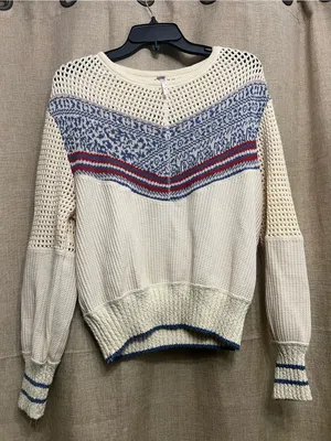 Free People Geo Party pulloverCream Fair Isle Sweatshirt with Red & Blue Stripes thumbnail 2