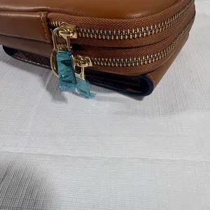 Brown Faux Leather Crossbody Mini Bag Double Zip Small Purse Gold Hardware thumbnail 3