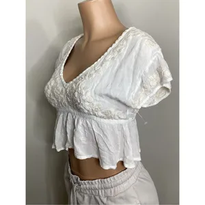 New. Anthropologie RAGA Sorrento Peplum Crop Top in White thumbnail 7