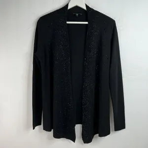 Eileen Fisher S Cardigan Black Beaded Merino Wool Open Front Italian Yarn Luxury thumbnail 3