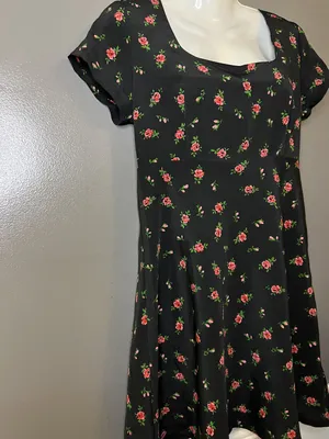 Vintage Esprit Dress Women 6 Black Floral Fit & Flare Short Square Neck Sundress thumbnail 3
