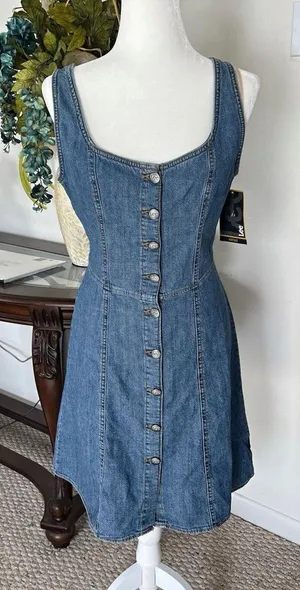 Lee Women’s Blue Denim Button Front Sleeveless Square Neck A-Line Dress Size S thumbnail 1