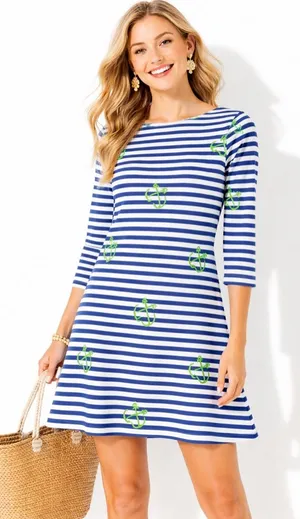 Melly M Nautical Stripe‎ Anchor Dress 3/4 Sleeve Boat Neck Size M Made in USA thumbnail 1