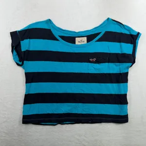 Y2K Hollister L Crop Top Striped Pocket Logo Blue Navy Short Sleeve Scoop Neck thumbnail 2
