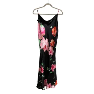 Josie Natori Silk Slip Dress Womens L Black Peony Blossom Floral Bias Cut Midi thumbnail 2