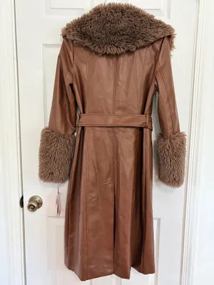 Avec Les Filles Brown Faux Leather Fur Trim Belted Maxi Coat XS Y2K Glam Luxe $258 thumbnail 3