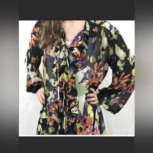 CAbi Floral Ruffle Tie Front Sheer Blouse // Size Small thumbnail 4