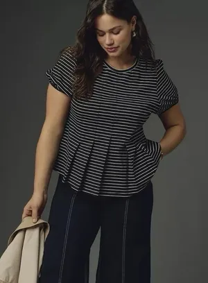 Maeve by Anthropologie Striped Peplum Blouse Top Fitted Size Small thumbnail 1