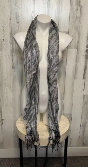 Zebra Print Metallic Fringe Scarf Silver Grey Shimmer Animal Print One Size thumbnail 1