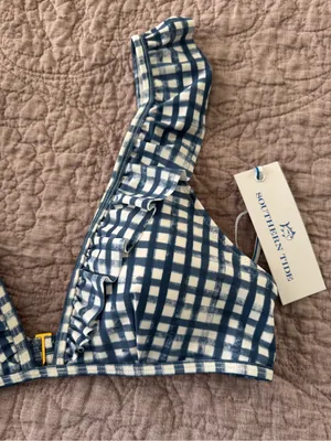 Southern Tide Seven Seas Blue/White Painted Gingham Ruffle Bikini Top thumbnail 5
