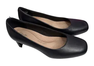 Clarks Collection Black‎ Leather Square Toe Block Heel Pumps Womens 8W thumbnail 1