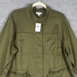 J. Jill Size-2X Women Utility Jacket Olive Green Ruffle Cotton Tencel thumbnail 5